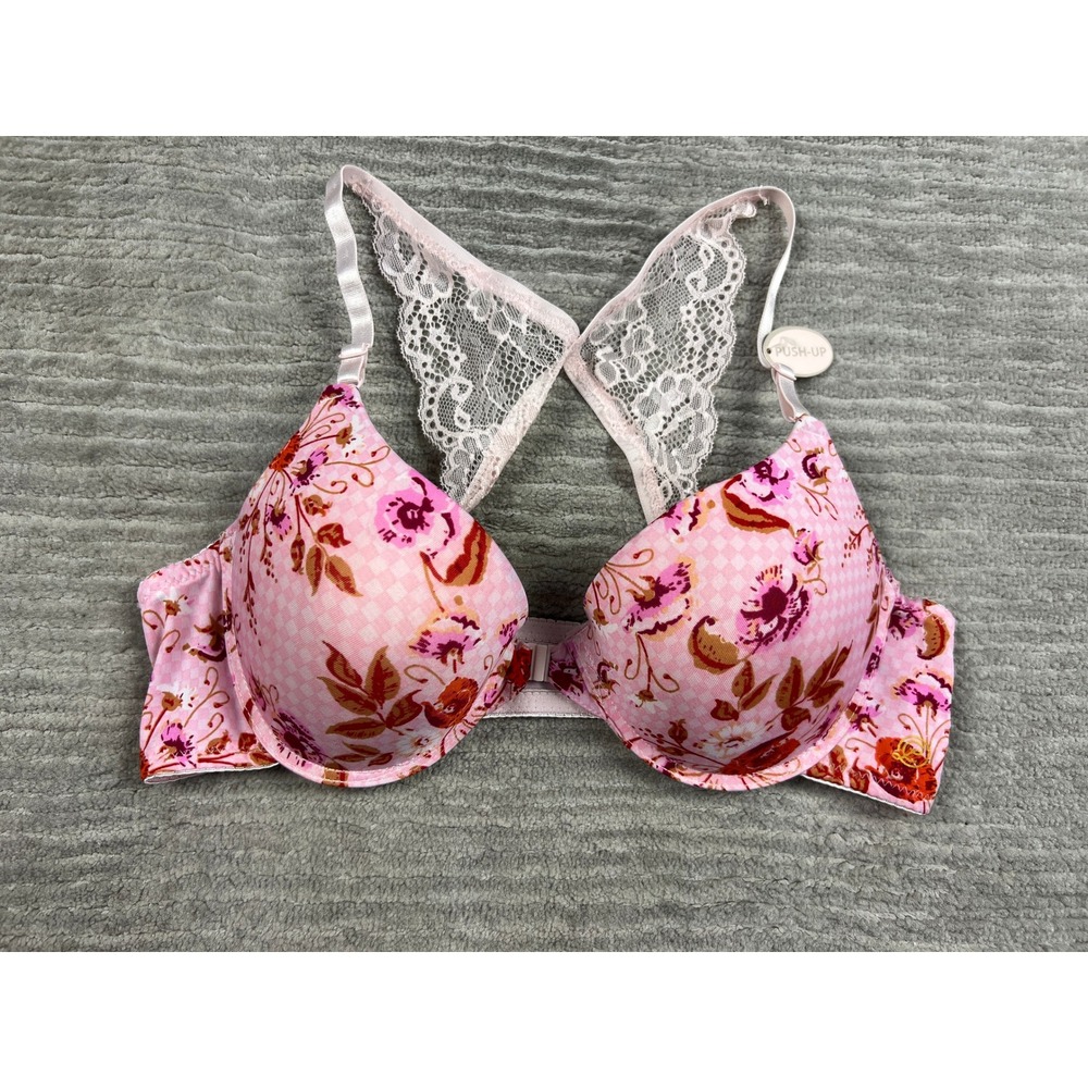Chinese Laundry Bra Womens 38C Pink Floral Lace Racerback Front Clasp Push‎ Up